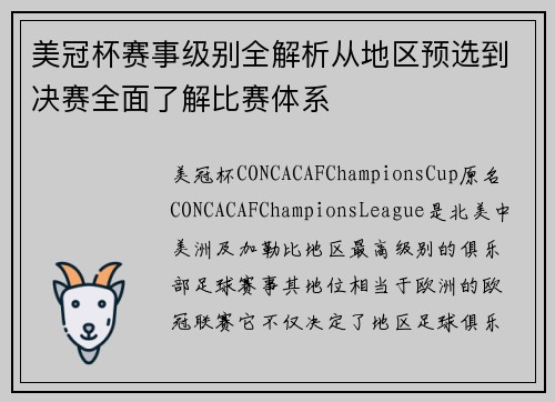 美冠杯赛事级别全解析从地区预选到决赛全面了解比赛体系