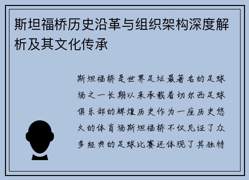 斯坦福桥历史沿革与组织架构深度解析及其文化传承
