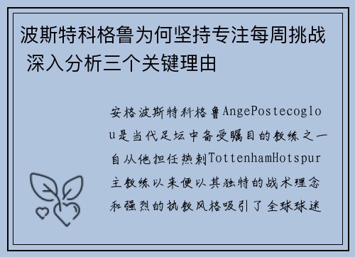 波斯特科格鲁为何坚持专注每周挑战 深入分析三个关键理由
